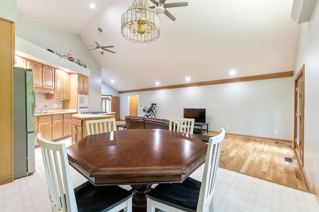 3100 Kropp Rd, Grove City, OH 43123 - dining space featuring ceiling fan, vaulted ceiling, light wood-style flooring, baseboards, and recessed lighting