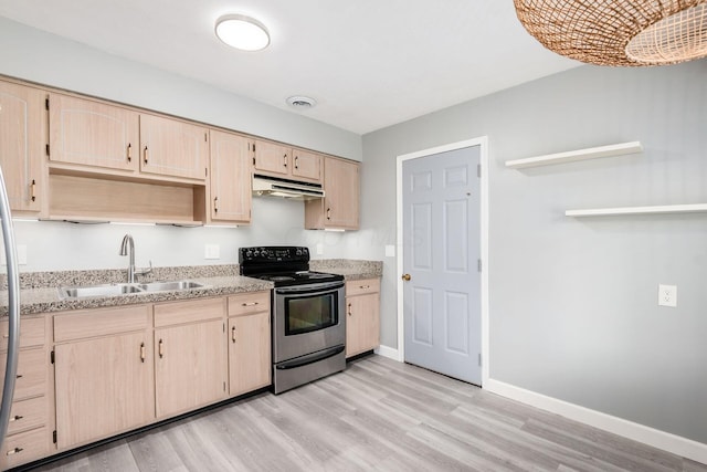 1825 Ormond Ave, Columbus, OH 43224 - kitchen featuring electric stove, a sink, light brown cabinets, under cabinet range hood, and light wood-style flooring
