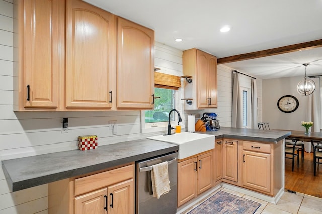 kitchen featuring stainless steel dishwasher, a sink, a peninsula, light brown cabinetry, and recessed lighting
