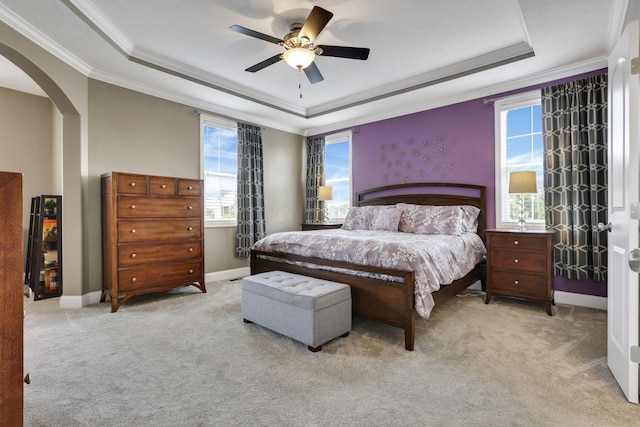 4919 Nadine Park Dr, Hilliard, OH 43026 - bedroom with a tray ceiling, light colored carpet, arched walkways, multiple windows, and crown molding