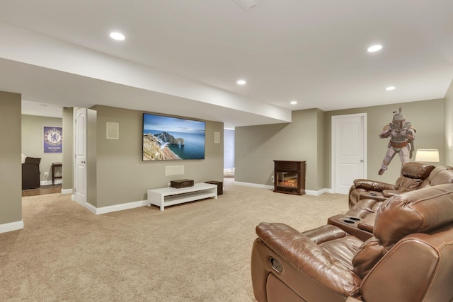 4919 Nadine Park Dr, Hilliard, OH 43026 - living room featuring light carpet, a warm lit fireplace, baseboards, and recessed lighting