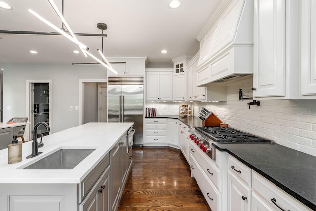 9378 Pine Creek Dr, Powell, OH 43065 - kitchen featuring a sink, custom exhaust hood, appliances with stainless steel finishes, recessed lighting, and gray cabinets
