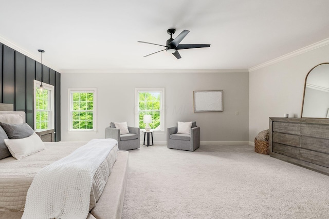 9378 Pine Creek Dr, Powell, OH 43065 - carpeted bedroom featuring crown molding, baseboards, and ceiling fan
