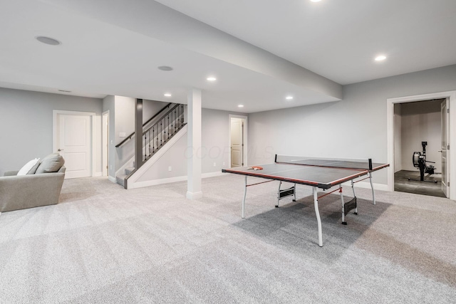 9378 Pine Creek Dr, Powell, OH 43065 - recreation room with light carpet, recessed lighting, and baseboards