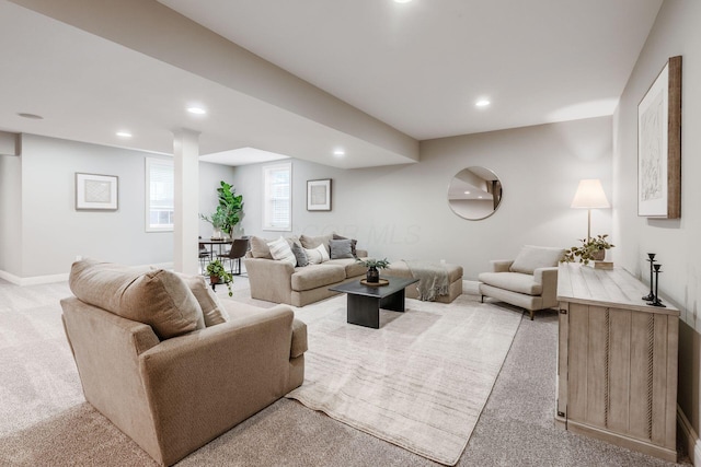 9378 Pine Creek Dr, Powell, OH 43065 - living room with light colored carpet, recessed lighting, and baseboards