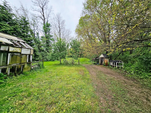 view of yard featuring an outbuilding and dirt driveway