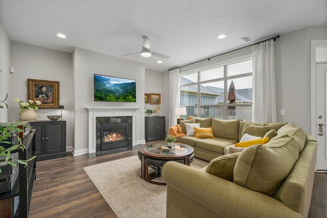 6678 Trinity Mist Way, Delaware, OH 43015 - living area with ceiling fan, dark wood-style floors, a fireplace with flush hearth, baseboards, and recessed lighting