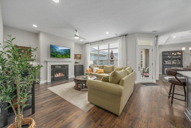 6678 Trinity Mist Way, Delaware, OH 43015 - living area featuring a fireplace with flush hearth, a ceiling fan, dark wood-type flooring, baseboards, and recessed lighting