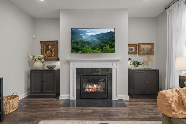 6678 Trinity Mist Way, Delaware, OH 43015 - living area with a fireplace with flush hearth, dark wood-type flooring, baseboards, and recessed lighting