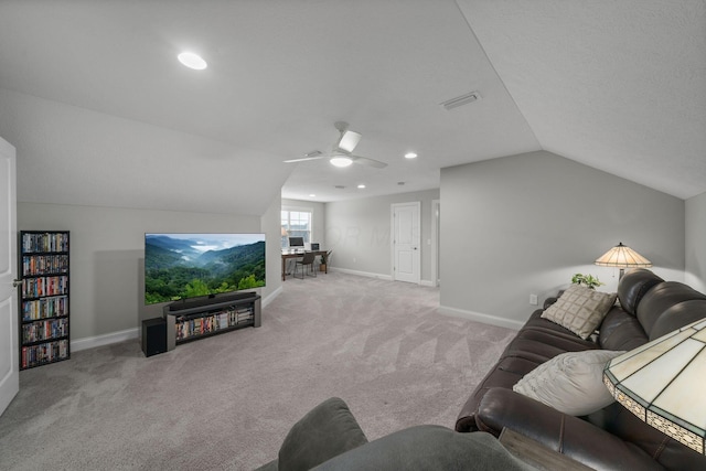 6678 Trinity Mist Way, Delaware, OH 43015 - living room featuring vaulted ceiling, carpet, ceiling fan, baseboards, and recessed lighting