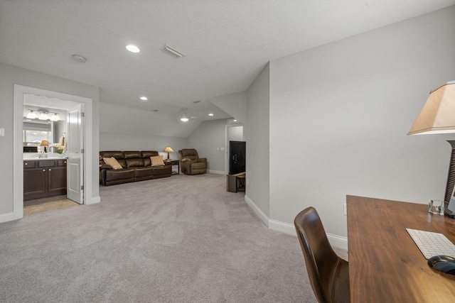 6678 Trinity Mist Way, Delaware, OH 43015 - living room with baseboards, lofted ceiling, light carpet, and recessed lighting