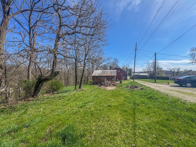 view of green lawn with dirt driveway
