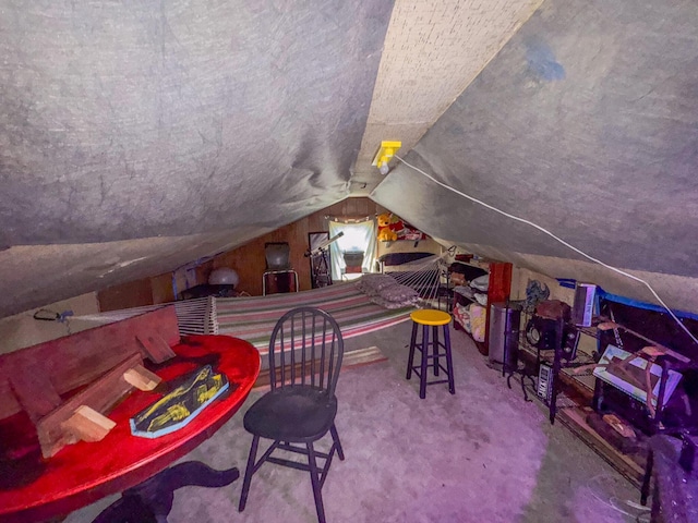 playroom with vaulted ceiling and carpet floors