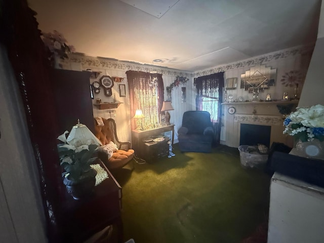 living area with carpet