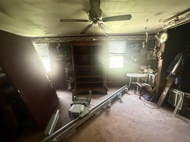basement with ceiling fan and carpet floors