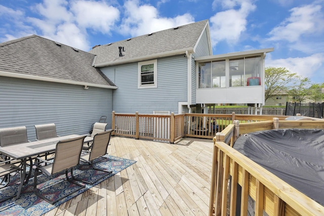 7170 Daugherty Dr, Reynoldsburg, OH 43068 - wooden deck featuring a sunroom, outdoor dining space, and fence