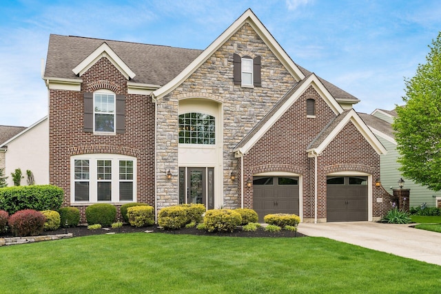 view of front of home with concrete driveway, a front yard, roof with shingles, stone siding, and brick siding