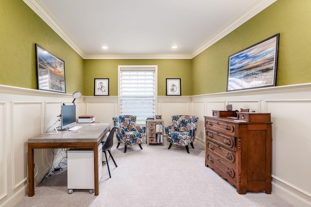 carpeted office featuring ornamental molding, a decorative wall, a wainscoted wall, and recessed lighting
