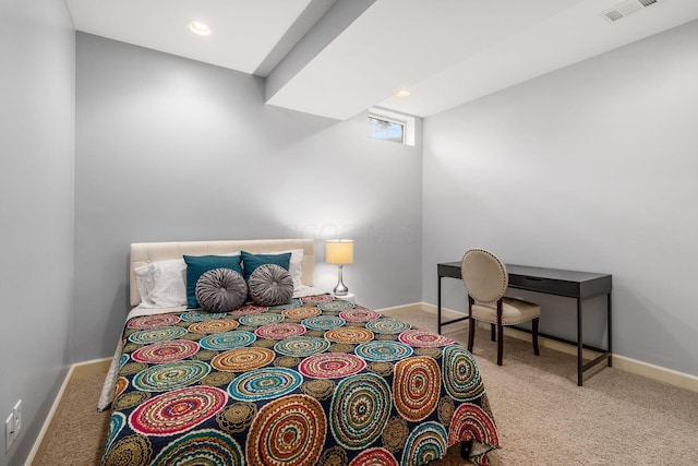 bedroom featuring carpet flooring, baseboards, and recessed lighting