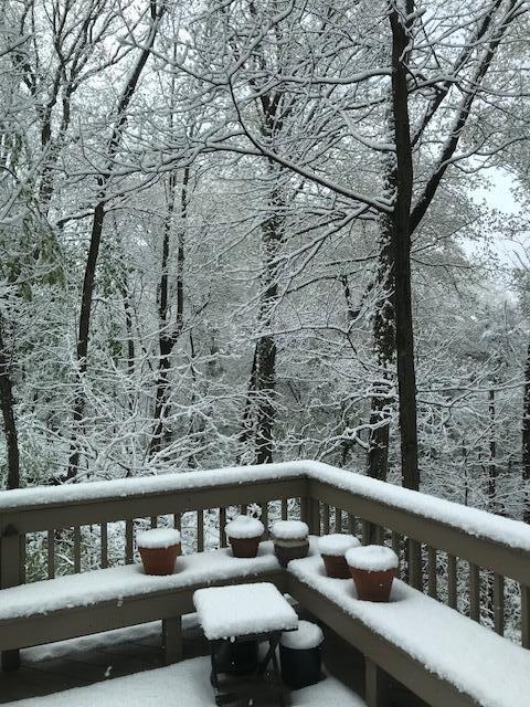 view of snow covered back of property