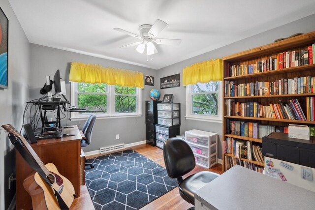 home office with wood finished floors, plenty of natural light, and a ceiling fan