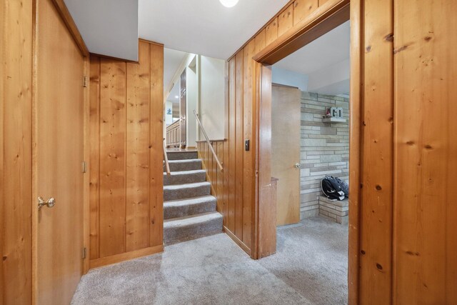 stairway featuring carpet flooring and wood walls