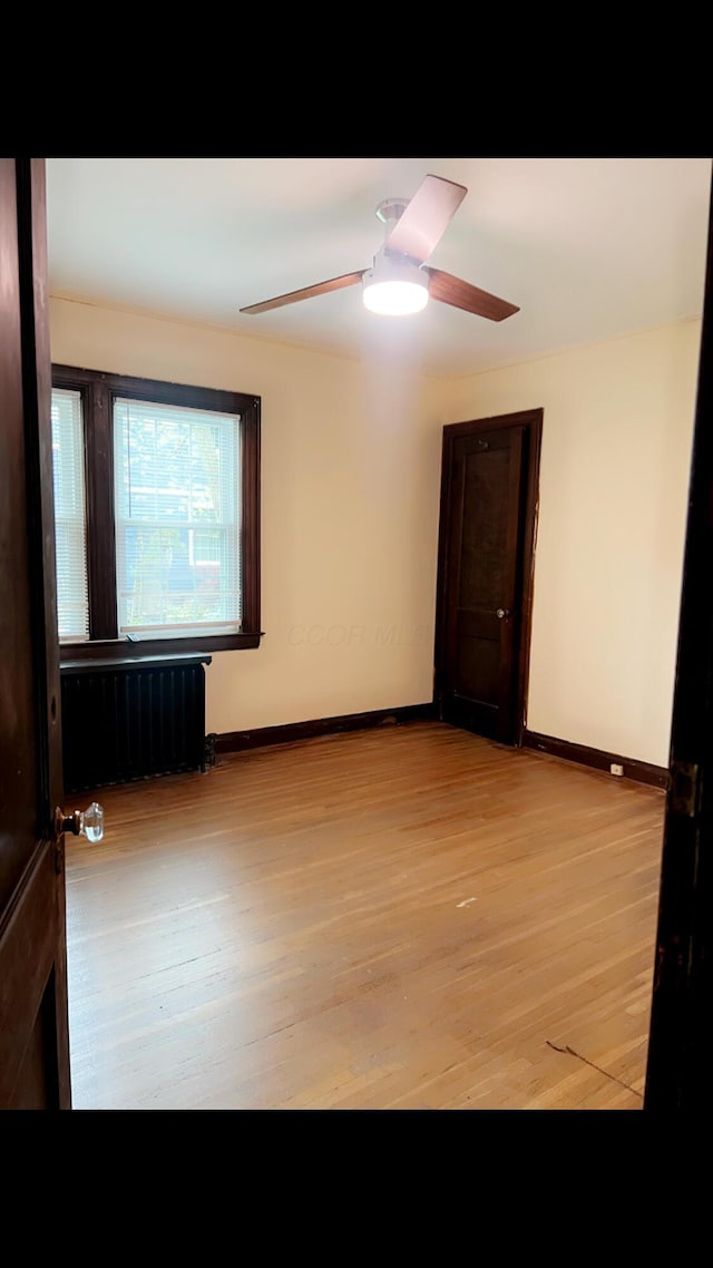 1065 Sunbury Rd, Columbus, OH 43219 - empty room with radiator heating unit, light wood-style floors, and a ceiling fan