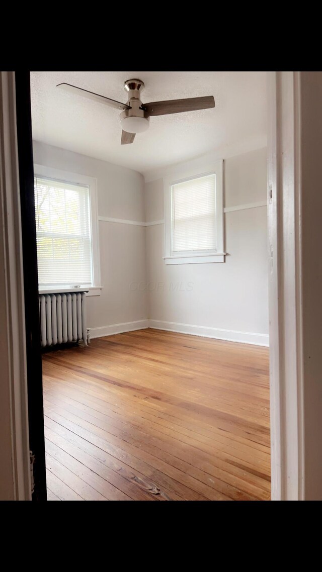 1065 Sunbury Rd, Columbus, OH 43219 - empty room featuring radiator heating unit, light wood finished floors, and ceiling fan