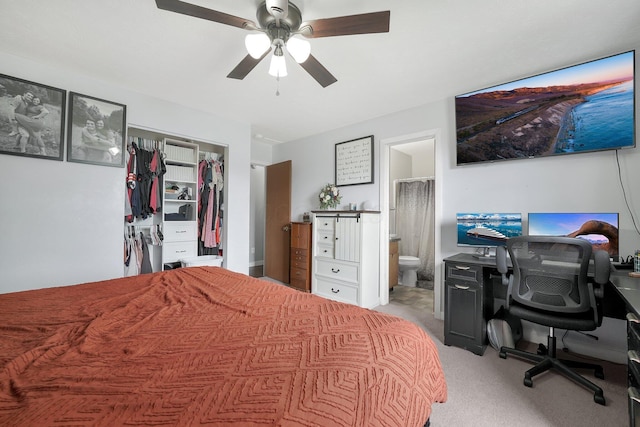 509 Section Line Dr, South Charleston, OH 45368 - bedroom with a closet, light colored carpet, a ceiling fan, a desk, and ensuite bathroom