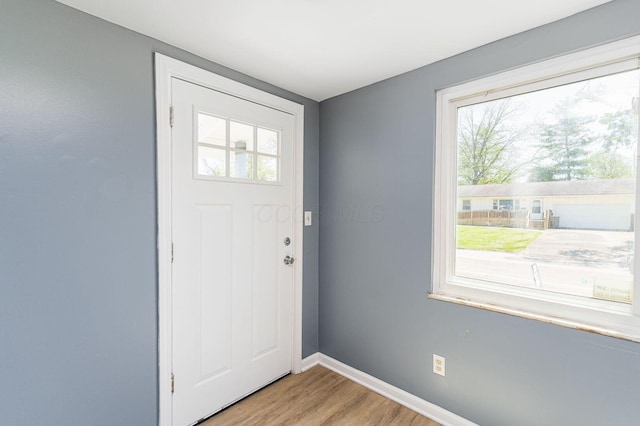 foyer with light wood-style floors, healthy amount of natural light, and baseboards