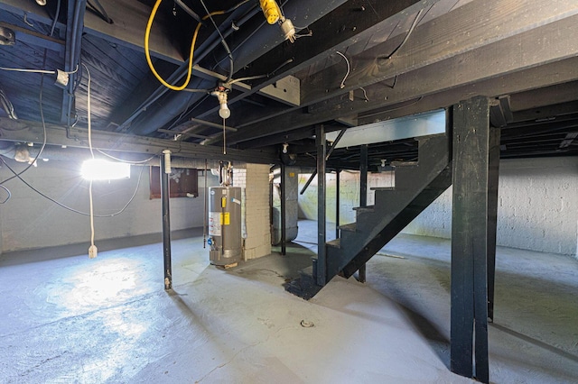below grade area with water heater and stairs