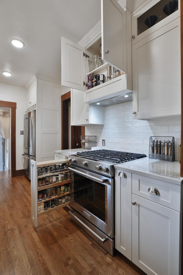 2663 Glen Echo Dr, Columbus, OH 43202 - kitchen with stainless steel appliances, white cabinets, tasteful backsplash, dark wood-style floors, and light stone countertops