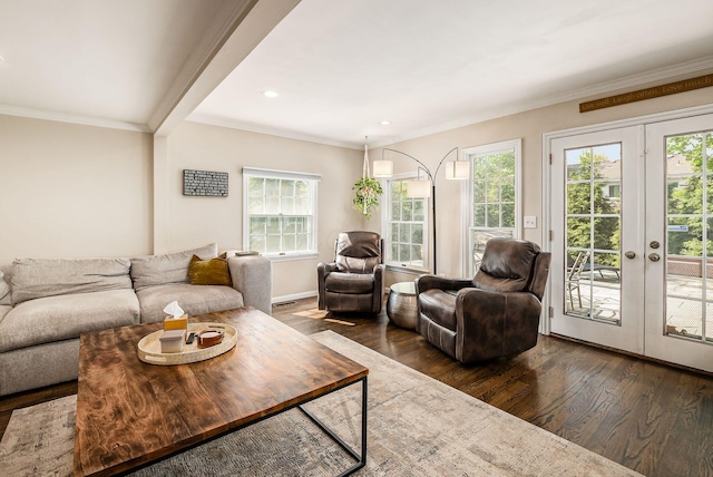 living room with dark wood-type flooring, plenty of natural light, ornamental molding, french doors, and recessed lighting