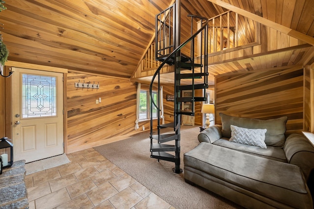 18156 Thompson Ridge Rd, Laurelville, OH 43135 - foyer entrance with lofted ceiling, plenty of natural light, wood walls, wooden ceiling, and stairs