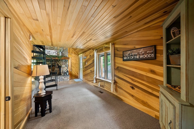 18156 Thompson Ridge Rd, Laurelville, OH 43135 - sitting room featuring wooden walls, wood ceiling, vaulted ceiling, and carpet