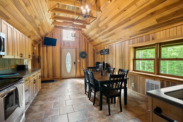 18156 Thompson Ridge Rd, Laurelville, OH 43135 - dining room with plenty of natural light, wood walls, vaulted ceiling, and wooden ceiling