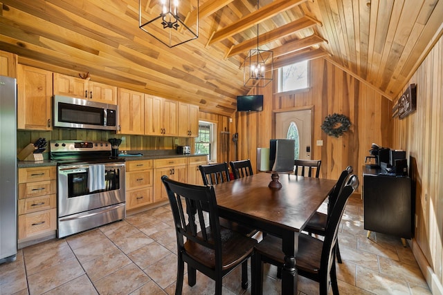 18156 Thompson Ridge Rd, Laurelville, OH 43135 - dining area featuring wooden ceiling, wooden walls, vaulted ceiling, healthy amount of natural light, and a chandelier