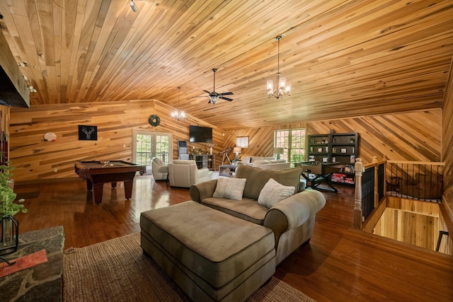 18156 Thompson Ridge Rd, Laurelville, OH 43135 - living area with wooden walls, vaulted ceiling, healthy amount of natural light, billiards, and a ceiling fan
