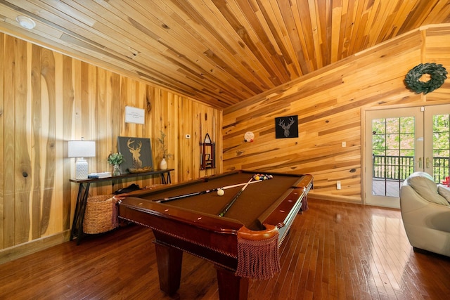 18156 Thompson Ridge Rd, Laurelville, OH 43135 - rec room with pool table, wood walls, wood ceiling, and hardwood / wood-style floors