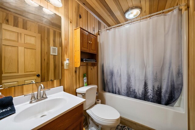 18156 Thompson Ridge Rd, Laurelville, OH 43135 - bathroom with toilet, wood walls, vanity, shower / bath combo, and wood ceiling
