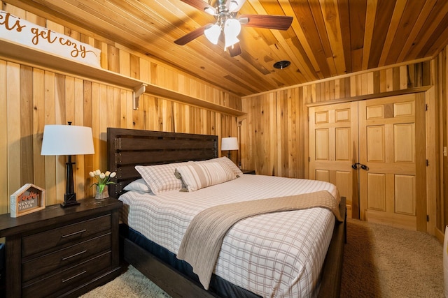 18156 Thompson Ridge Rd, Laurelville, OH 43135 - bedroom with wood ceiling, carpet, wood walls, and a ceiling fan