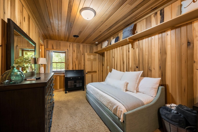 18156 Thompson Ridge Rd, Laurelville, OH 43135 - bedroom with wood ceiling, wood walls, and light colored carpet