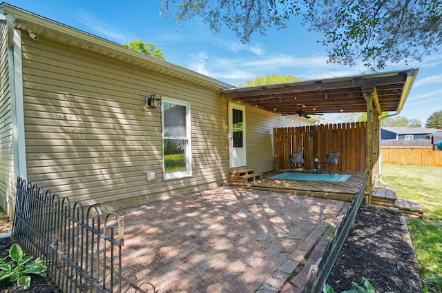 135 N Creekview Ct, Baltimore, OH 43105 - view of patio / terrace with ceiling fan, fence, a wooden deck, and entry steps