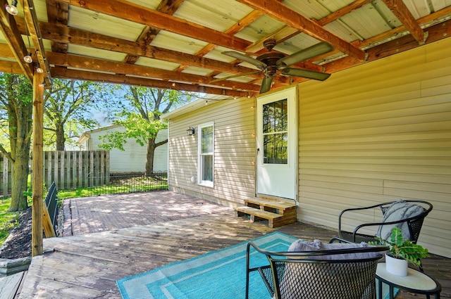 135 N Creekview Ct, Baltimore, OH 43105 - view of patio / terrace featuring entry steps, ceiling fan, fence, and a wooden deck