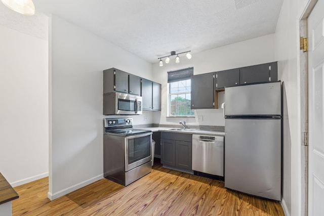 kitchen with stainless steel appliances, a sink, light wood finished floors, gray cabinets, and a textured ceiling