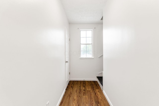 hallway featuring baseboards and dark wood-style floors