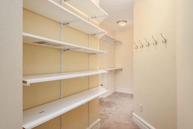 walk in closet featuring light colored carpet