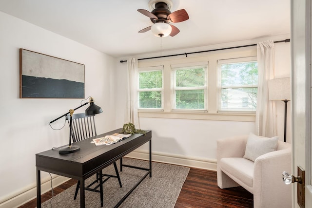 home office with dark wood-type flooring, baseboards, and a ceiling fan