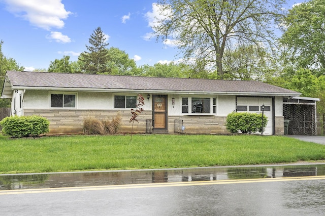 ranch-style home with stone siding, stucco siding, and a front yard