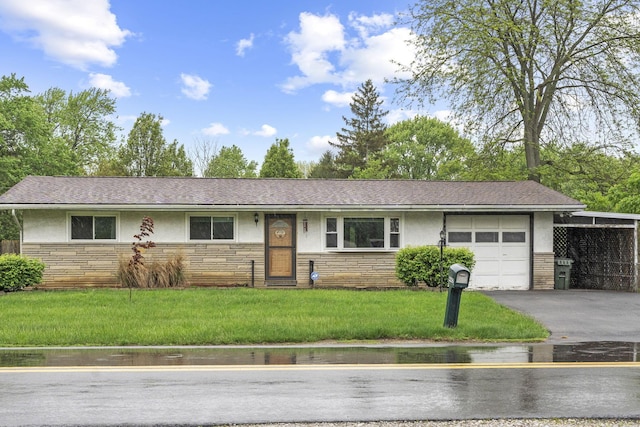 ranch-style house featuring stone siding, an attached garage, and stucco siding